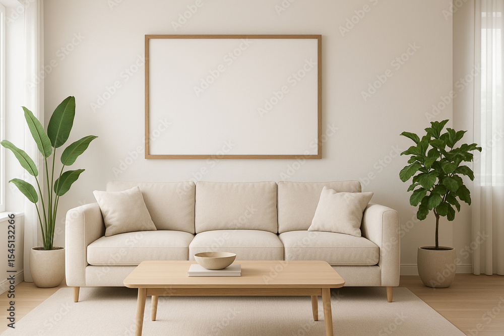 Blank frame mockup hanging on a central wall in a modern, bright living room with a sofa and houseplants. Blank frame mockup hanging on a central wall in a modern, bright living room with a sofa and houseplants.