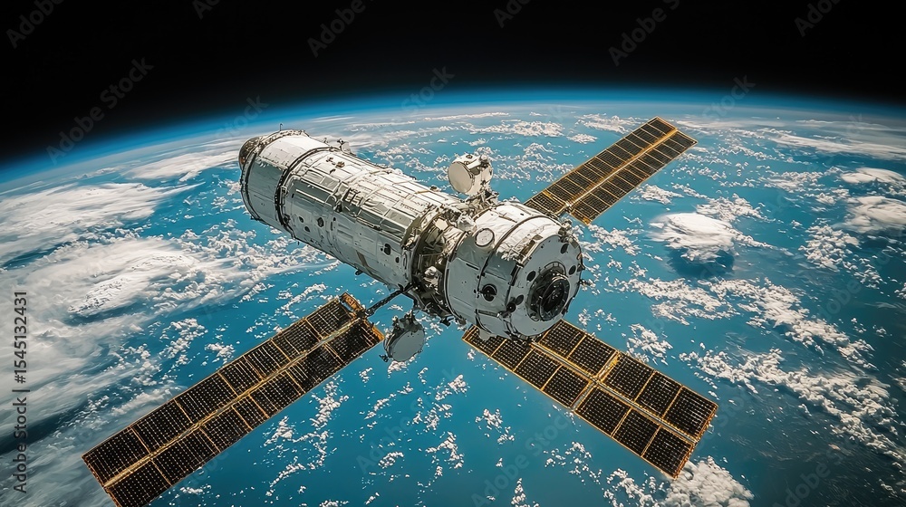 Fototapeta premium Space Station Orbiting Earth: A Futuristic View of Global Communication Network