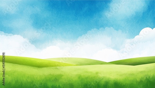 abstract summer landscape watercolor background with blue sky white clouds and green field watercolor illustration for interior flyers poster cover banner modern gradient painting by vita