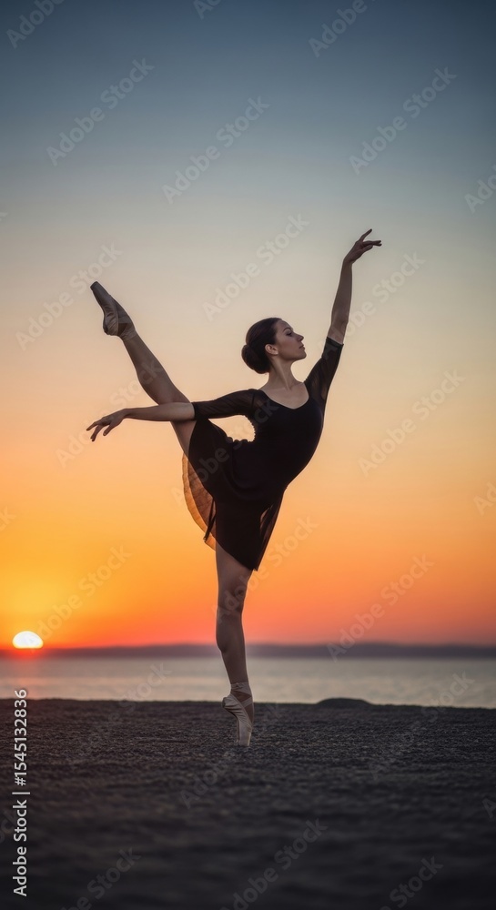 Obraz premium Asian female ballerina dancing at sunset on beach
