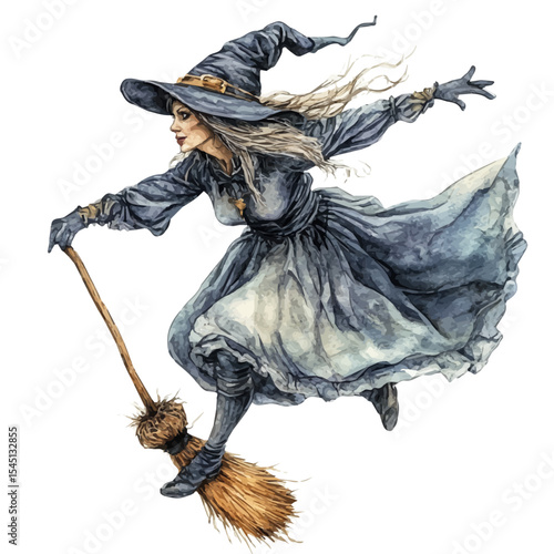 Halloween Witch Flies Broomstick, watercolor drawing vector, isolated on a white background.