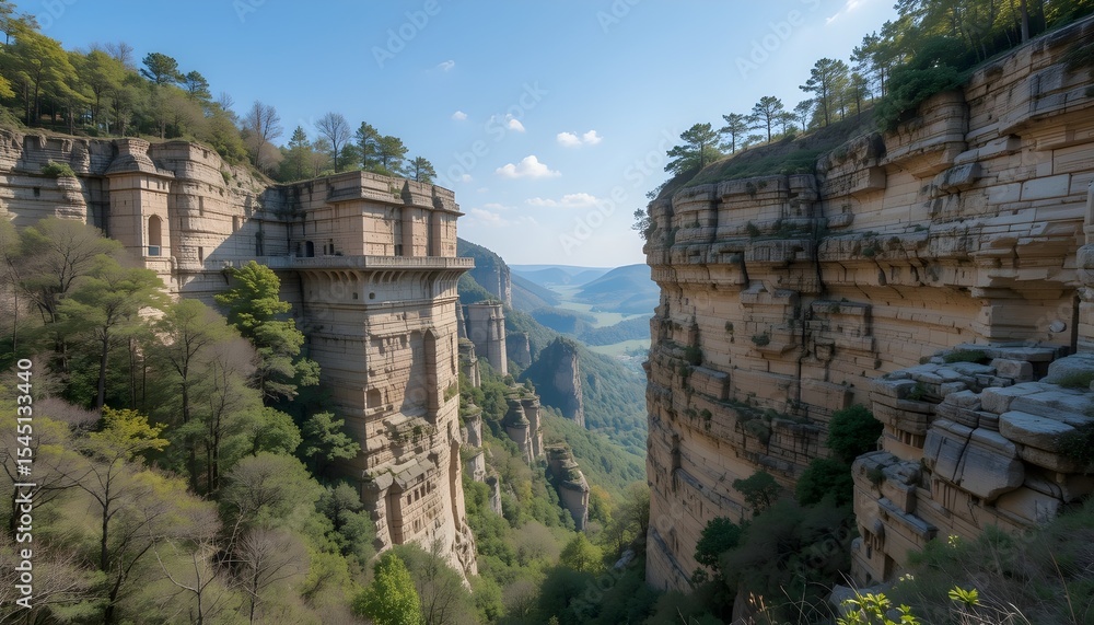 Fototapeta premium The Český ráj sandstone cliffs, located in the Bohemian Paradise region of the Czech Republic, are a stunning example of natural architecture. These towering rock formations—shaped over millions 