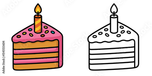 Coloring book of a birthday cake slice with a candle on a white background vector illustration