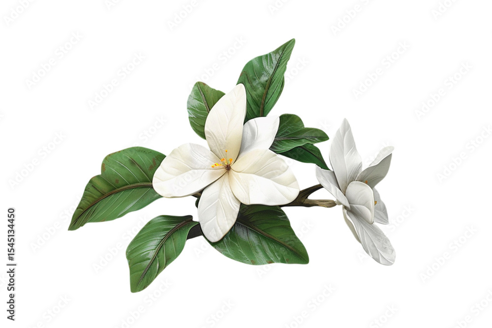 Fototapeta premium Beautiful white magnolia flowers with green leaves arranged elegantly on a png background