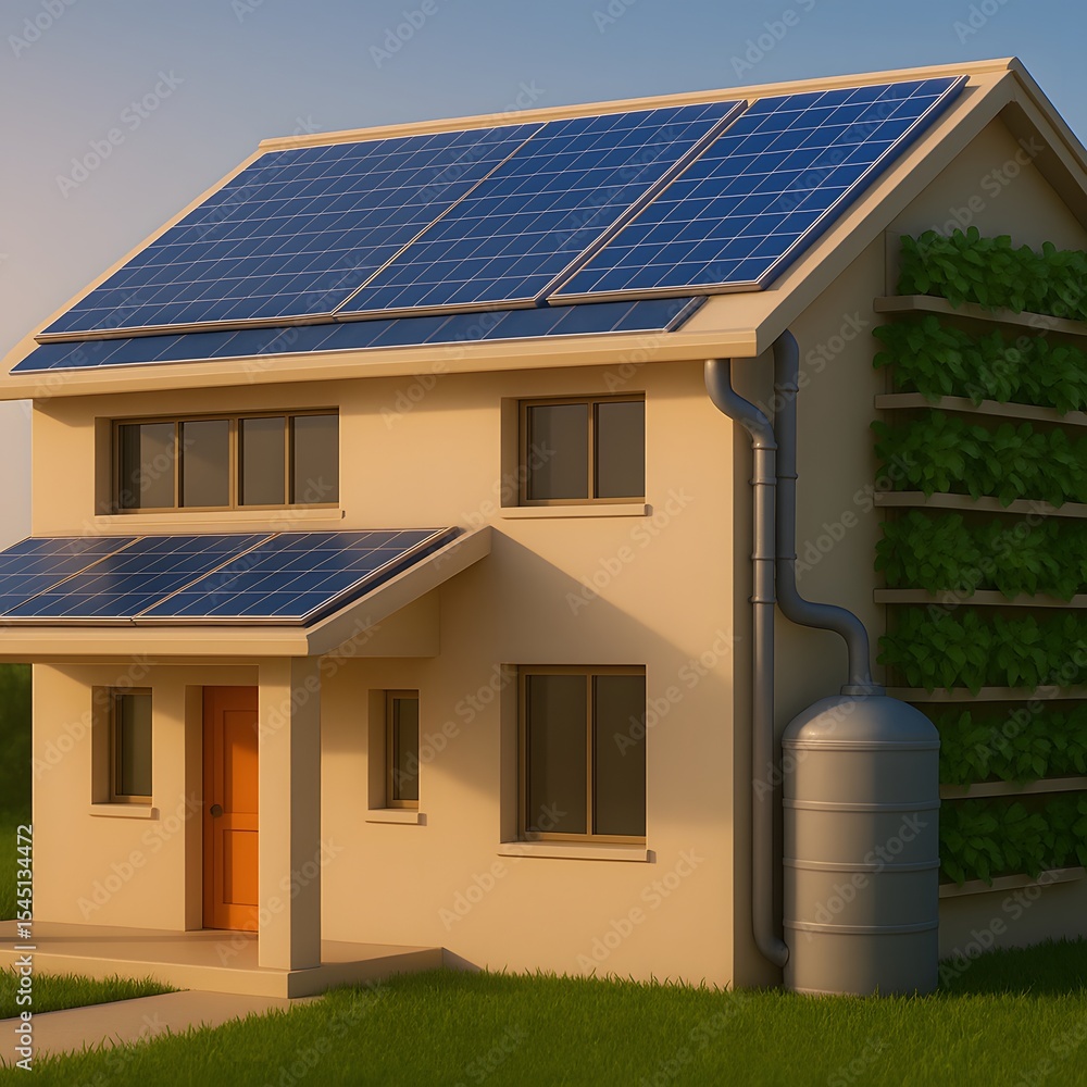 Fototapeta premium Modern Eco-Friendly House with Solar Panels and Green Features
