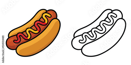 Coloring book of a hotdog with mustard and ketchup on a white background outline illustration