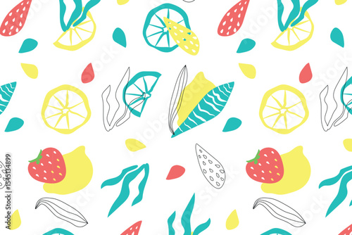 Abstract Summer pattern with Fruits and Plants on White Background