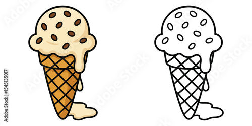 Cute coloring book of a melting ice cream cone with chocolate chips vector illustration