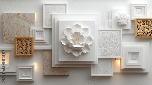 Fototapeta Naklejka Na Ścianę i Meble -  White Cubic Relief Design In Modular Layout With Floral Pattern