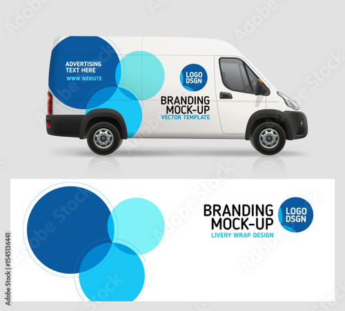 Blue Branding wrap design for Company Van, Delivery Truck. Brand identity design of abstract blue circles shape decal for transport. Branding vehicle. Horizontal AD banner. Editable vector template