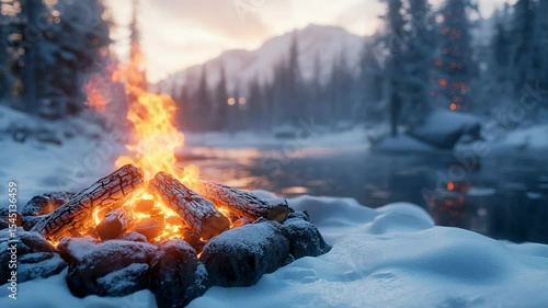 Bonfire in a snowy winter landscape by a river