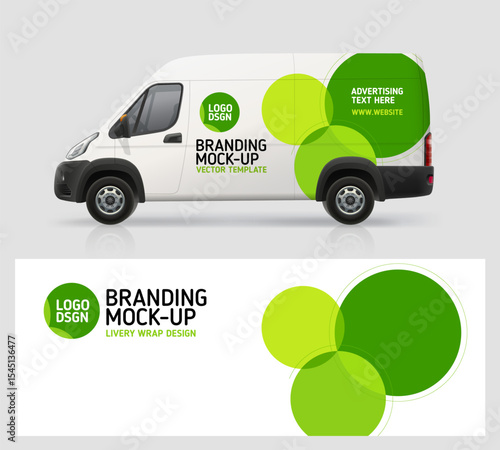 Green Branding wrap design for Company Van, Delivery Truck. Brand identity design of abstract green circles shape decal for transport. Branding vehicle. Horizontal AD banner. Editable vector template