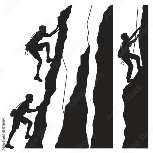 Set of 4 climbing silhouette scenes showing climbers scaling steep cliffs from multiple angles, perfect for adventure or motivation themes.