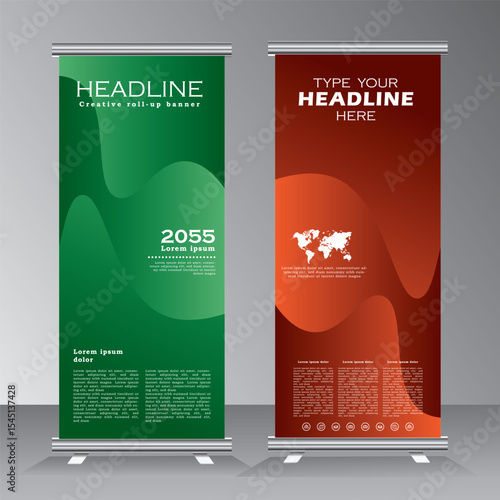 Corporate Business Roll Up Banner Design, Vertical Banner for business, Green and brown roll up banner of event, presentaion, party, confferance, company, summit, welcome, Vector banner,