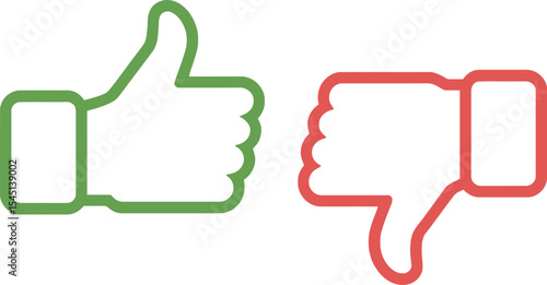 Green Thumbs Up and Red Thumbs Down Line Art Icons for Like or Dislike

