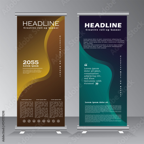 Banner roll up template,  creative concept for presentations, event, welcome, conferance and advertising, template for posting photos and text. Modern background with waves