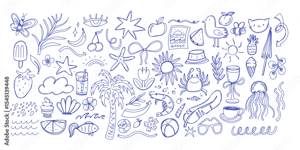 Obraz premium Blue ballpen scribble summer art collection. Simple scratch squiggle lines set. Hand drawn marks, underline strokes, doodles and arrows. Grunge marker stroke