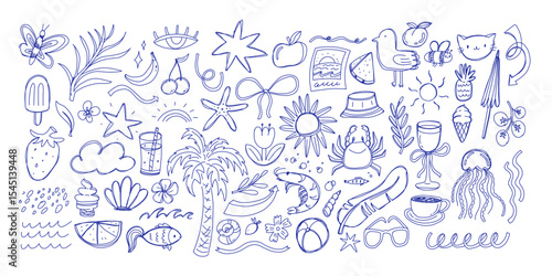 Blue ballpen scribble summer art collection. Simple scratch squiggle lines set. Hand drawn marks, underline strokes, doodles and arrows. Grunge marker stroke
