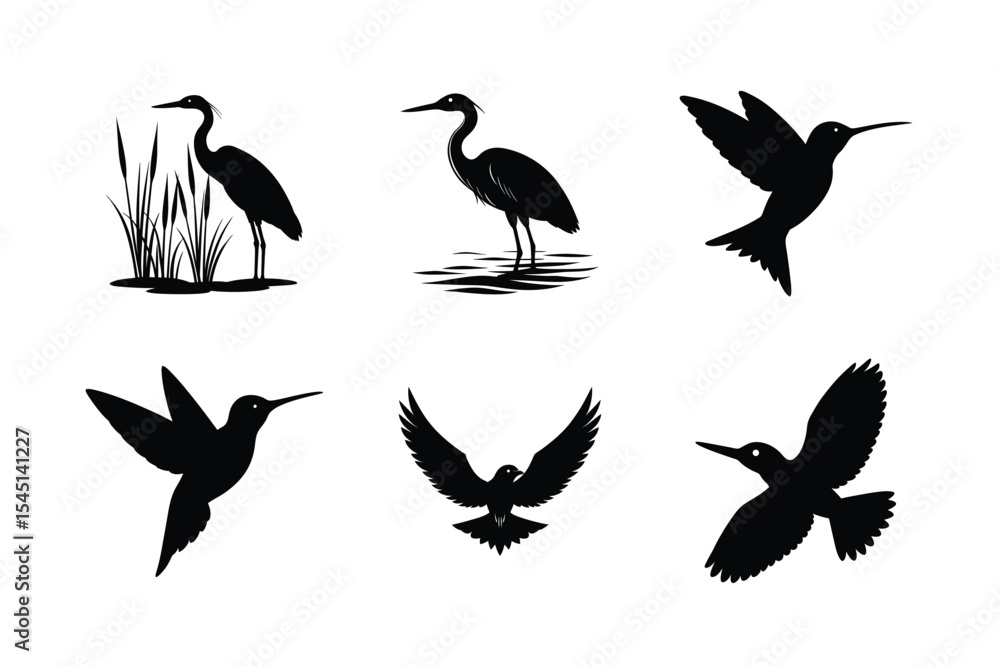 Obraz premium Flying and standing birds vector pack art Silhouette Vector illustration