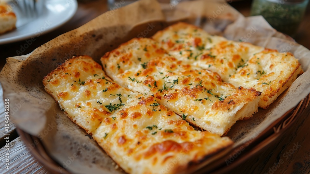 Cheesy garlic bread slices with golden crust and herbs, served hot in a rustic basket on a wooden table Cheesy garlic bread slices with golden crust and herbs, served hot in a rustic basket on a wooden table