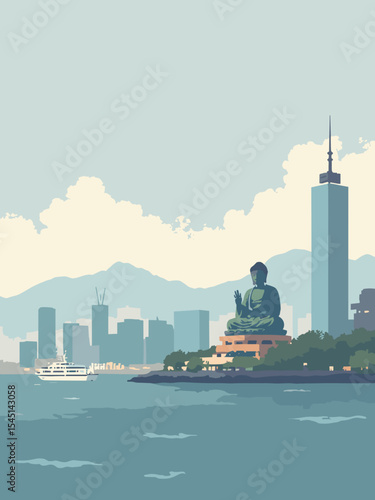 Hong Kong, China, Hong Kong SAR - Victoria Harbour, Tian Tan Buddha, Bank of China Tower in harbor blue, buddha bronze, tower silver, and misty grey