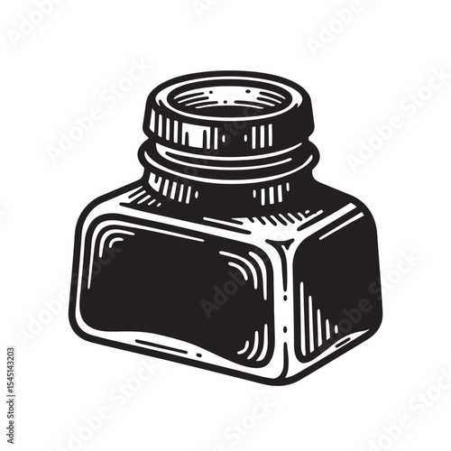Classic black ink bottle illustration for vintage art projects and creative designs