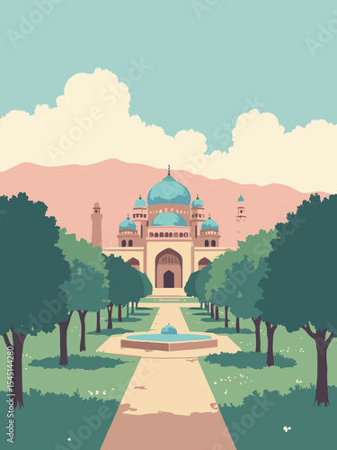 Kabul, Afghanistan - Babur Gardens, Darul Aman Palace, Pul-e Khishti Mosque in garden green, palace beige, mosque blue, and dusty rose