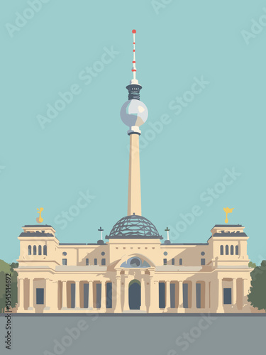 Berlin, Germany - Brandenburg Gate, Berlin TV Tower, Reichstag Building in gate beige, tower silver, dome grey, and sky blue