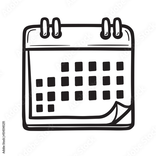 Simple black and white hand drawn calendar illustration in a vintage art silhouette style
