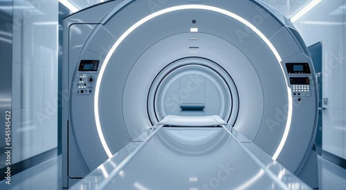 Modern mri scanner in a bright hospital room with clean blue tones