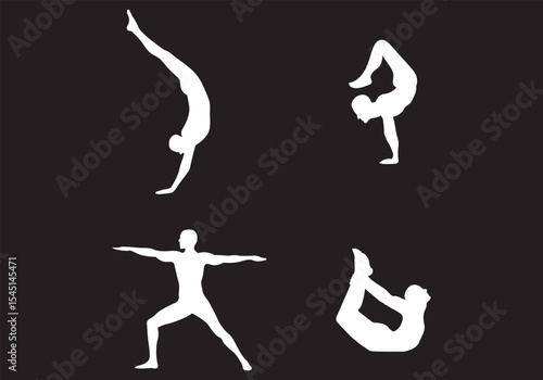 Slim sportive young woman & man doing yoga & fitness exercises. Healthy lifestyle. Exercise and fitness icons. Gym and Workout Set. Person Yoga exercises poses. Lunges, Pushups, Squats, Dumbbell rows,