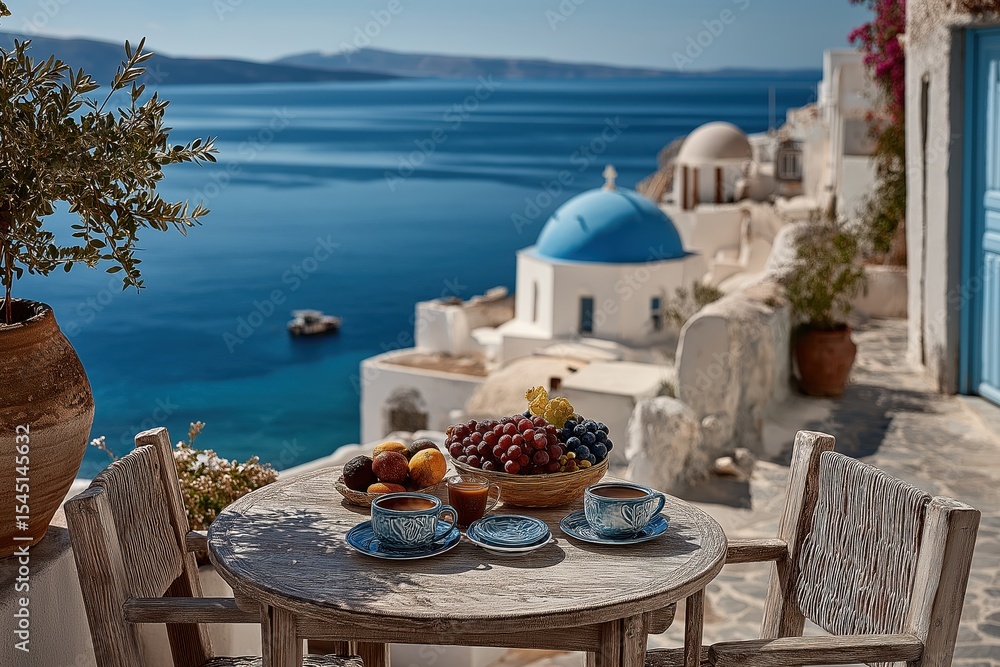 Obraz premium Greek Breakfast Table With Fruit, Coffee, and Aegean View Beyond
