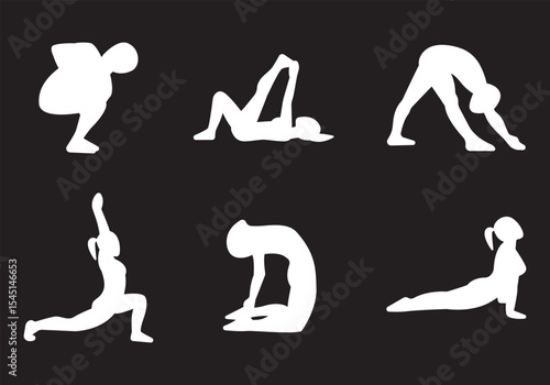 Slim sportive young woman & man doing yoga & fitness exercises. Healthy lifestyle. Exercise and fitness icons. Gym and Workout Set. Person Yoga exercises poses. Lunges, Pushups, Squats, Dumbbell rows,