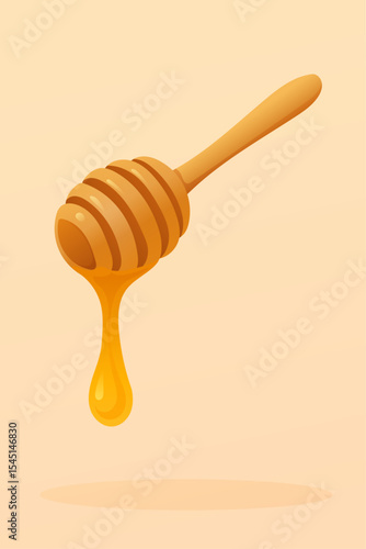 Golden honey dipper with flowing drop of sweet nectar on soft gradient background