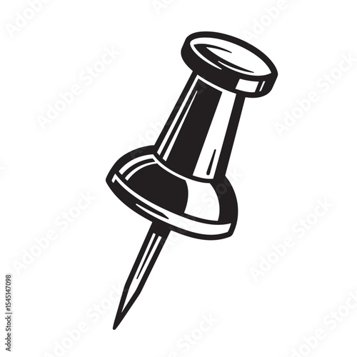 Vintage art silhouette of a simple black and white push pin on white background