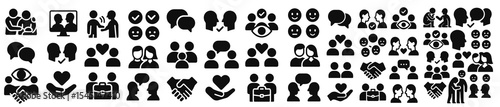 Minimalist black-silhouette vector set illustrating human interaction: handshakes, speech bubbles, hearts, eyes with checkmarks, groups, hugs and business icons symbolising communication, empathy, sup