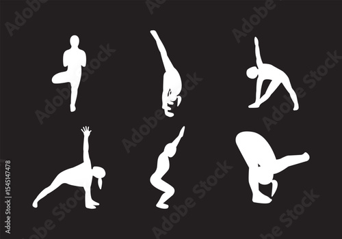 Slim sportive young woman & man doing yoga & fitness exercises. Healthy lifestyle. Exercise and fitness icons. Gym and Workout Set. Person Yoga exercises poses. Lunges, Pushups, Squats, Dumbbell rows,