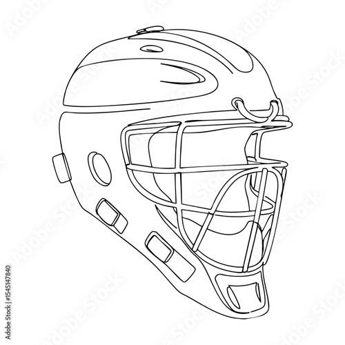 Vector line art of a baseball catcher’s helmet with protective grill, detailed side view drawing