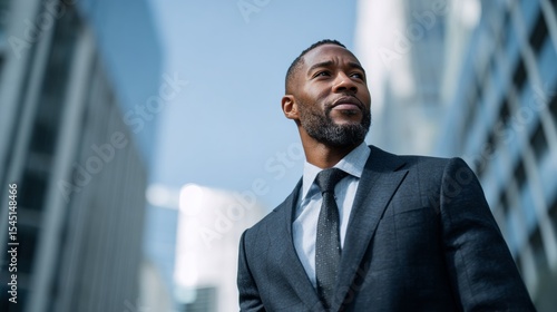 a young asian businessman in a dark formal suit and tie, standing in a modern city street surrounded by tall glass and concrete office buildings.