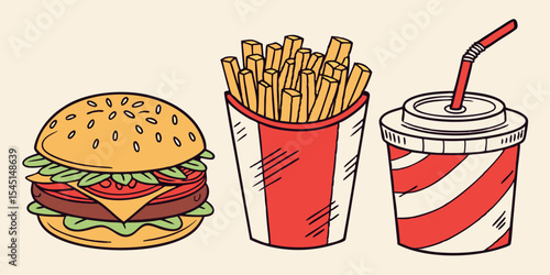 Fast food meal with burgers fries soda and snacks in colorful illustration