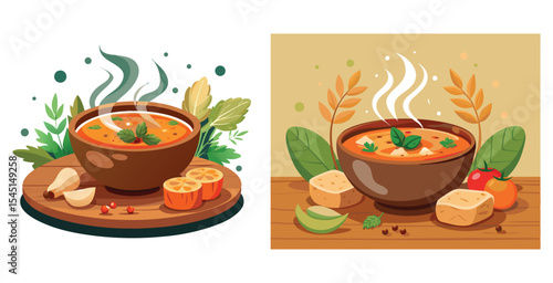 Bowl of hearty homemade soup with fresh ingredient vector art design