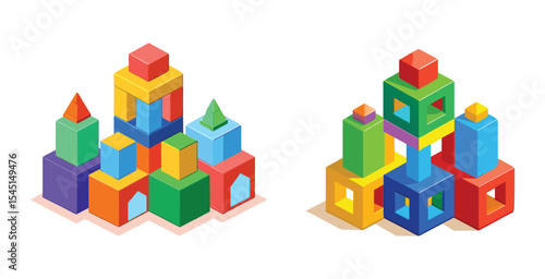 Colorful 3d plastic magnetic building blocks arrananged one by one vector art design