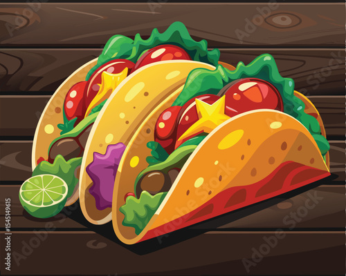 Colorful tacos filled with seasoned fresh vegetables and meat on wooden background vector 