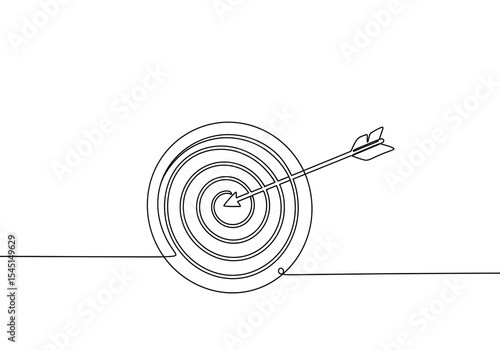 Single line drawing of a target with an arrow in the bullseye on a white background illustration