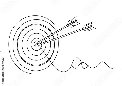 Continuous line drawing of a target with two arrows hitting the bullseye in black on white background