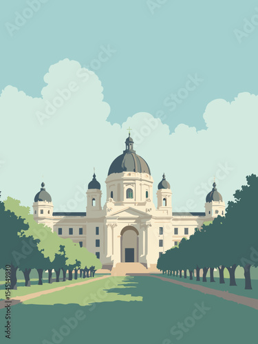 București (Bucharest), Romania - Palace of the Parliament, Romanian Athenaeum, Arcul de Triumf in palace white, athenaeum beige, arch grey, and park green