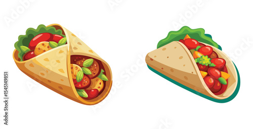 Freshly wrapped burrito filled with vegetables and meat vector art set design