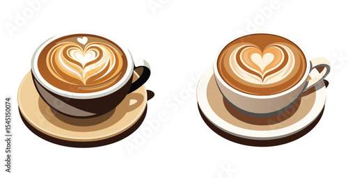 Intricate latte art in a creamy cappuchino coffee vector art set design
