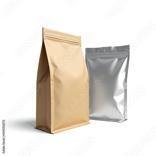  White Pet Food Packaging Mockup – Blank Paper Bag and Foil Pouch Sachet for Dog or Cat Food Branding, Zoo Store Display, or Pet Supply Product Presentation on Clean Background
