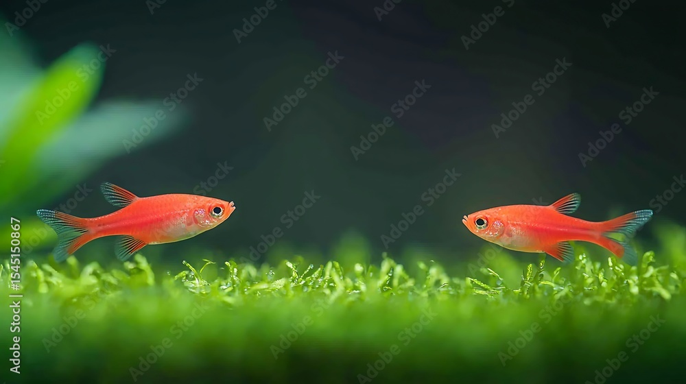 Obraz premium Two Ember Tetras Swimming in an Aquarium with Greenery